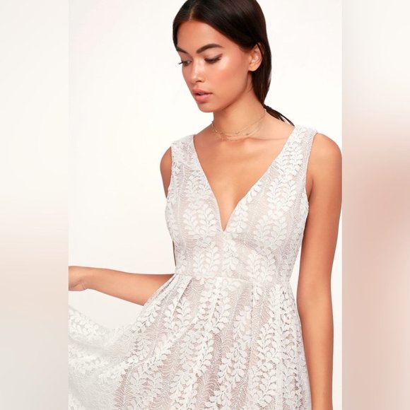 Lulus "All of My Heart" Lace Skater Dress White Nude V-neckline Size Medium - Picture 7 of 15